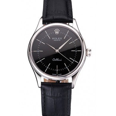 Fake Swiss Rolex Cellini Black Dial Steel Case Black Leather Strap