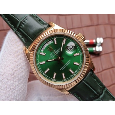 High Quality Fake Rolex Day-Date 118138 Green Dial Green Leather Strap Rolex WJ00410
