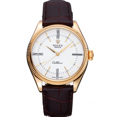 Imitation Rolex Cellini White Dial Gold Case Brown Leather Strap 622833