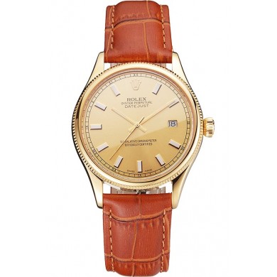 Imitation Swiss Rolex Datejust Gold Dial Gold Case Light Brown Leather Strap