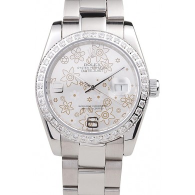 Knockoff Top Rolex Datejust Polished Stainless Steel Silver Flowers Dial Diamond Plated 98081