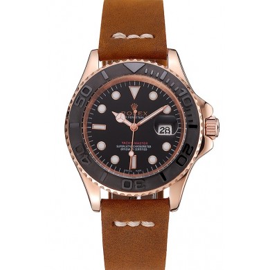 Replica Rolex Yacht Master Black Dial Rose Gold Case Brown Leather Bracelet 1453861