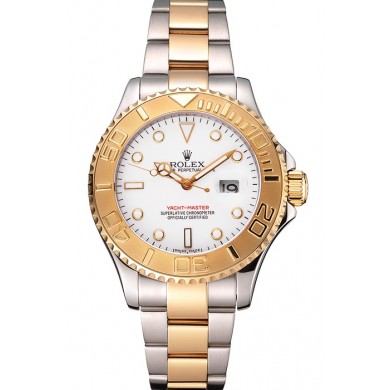 Replica Rolex Yacht-Master White Dial Gold Bezel Stainless Steel Case Two Tone Bracelet