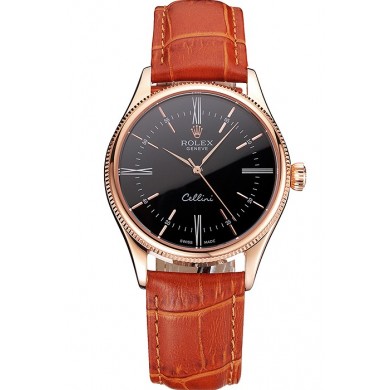 Replica Swiss Rolex Cellini Black Dial Roman Numerals Rose Gold Case Light Brown Leather Strap