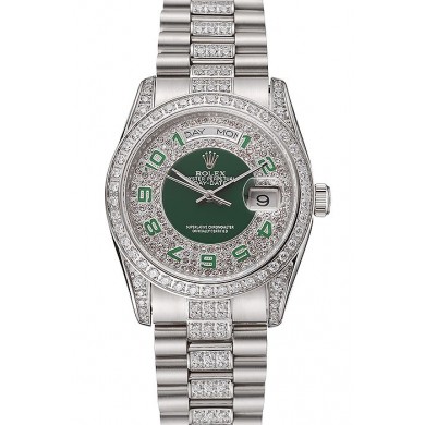 Replica Swiss Rolex Day-Date Diamond Pave Green Dial Diamond And Stainless Steel Bracelet 1453952