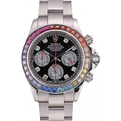 Rolex Daytona Cosmograph Rainbow Crystals Bezel Stainless Steep Strap Black Dial 80250