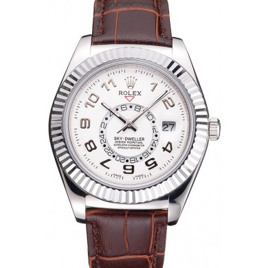 Rolex Sky Dweller White Dial Stainless Steel Case Brown Leather Strap