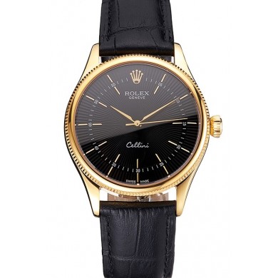 Swiss Rolex Cellini Black Dial Gold Markings Gold Case Black Leather Strap
