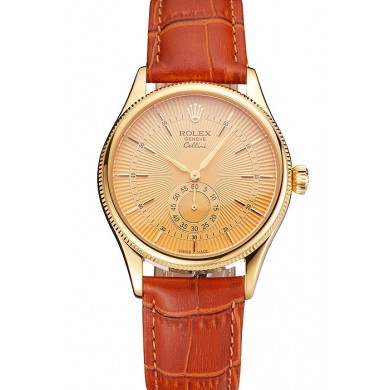 Swiss Rolex Cellini Gold Dial Gold Case Light Brown Leather Strap