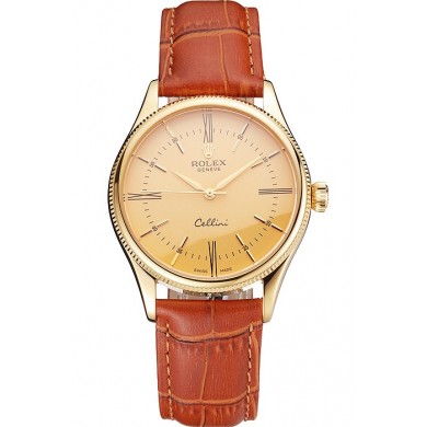 Swiss Rolex Cellini Gold Dial Roman Numerals Gold Case Light Brown Leather Strap