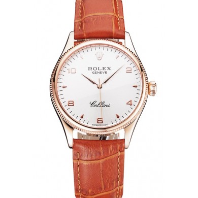 Swiss Rolex Cellini White Dial Arabic Numerals Rose Gold Case Light Brown Leather Strap