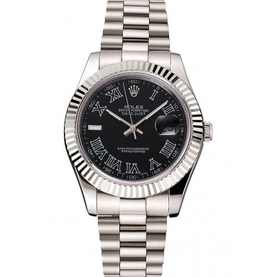 Swiss Rolex Datejust Black Dial Roman Numerals Stainless Steel Case And Bracelet