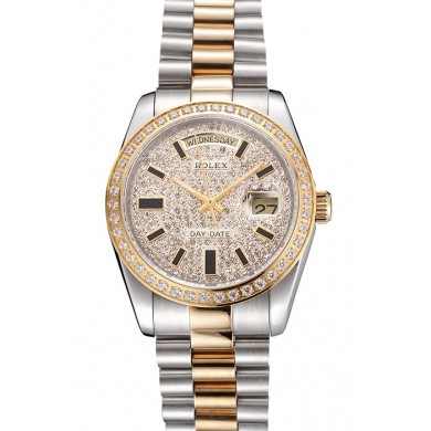 Swiss Rolex Day Date Diamond Pave Dial And Bezel Stainless Steel Case Two Tone Bracelet