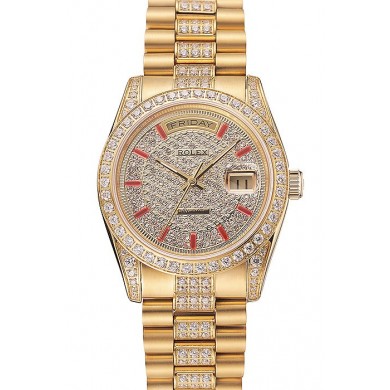 Swiss Rolex Day-Date Red Diamond Pave Dial Gold Diamond Bracelet 1453960