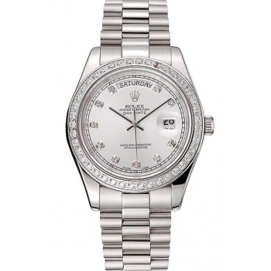 Swiss Rolex Day-Date White Dial Diamond Case Diamond Numerals Stainless Steel Bracelet 1453970