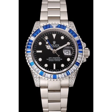 Swiss Rolex GMT Master II Black Dial Stone Set Bezel Stainless Steel Case And Bracelet 1453747