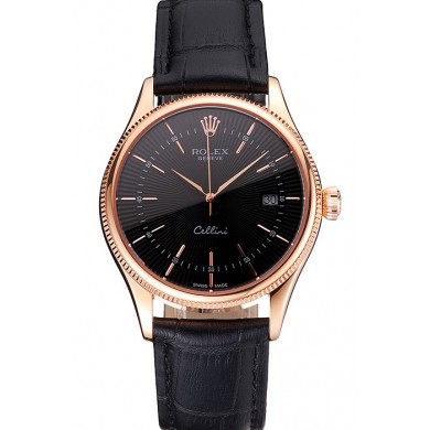 Top Swiss Rolex Cellini Date Black Dial Rose Gold Markings Rose Gold Case Black Leather Strap
