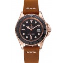 Replica Rolex Yacht Master Black Dial Rose Gold Case Brown Leather Bracelet 1453861