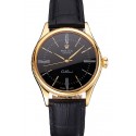 Swiss Rolex Cellini Black Dial Roman Numerals Gold Case Black Leather Strap