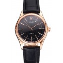 Swiss Rolex Cellini Black Dial Rose Gold Markings Rose Gold Case Black Leather Strap