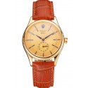 Swiss Rolex Cellini Gold Dial Blue Markings Gold Case Light Brown Leather Strap