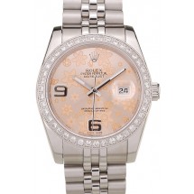 AAA Imitation Rolex DateJust Brushed Stainless Steel Case Orange Flowers Dial Diamonds Plated