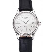 Copy Top Swiss Rolex Cellini Date White Dial Stainless Steel Case Black Leather Strap