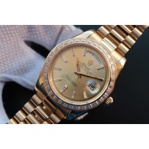 Imitation Rolex Day Date II Gold Dial Diamonds Bezel Bracelet WJ00795