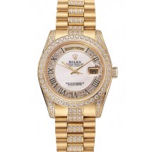 Imitation Swiss Rolex Day-Date Diamond Pave White Dial Gold Diamond Bracelet 1453958