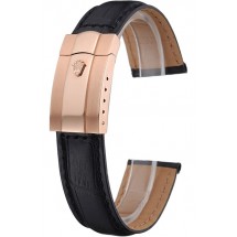 Knockoff Rolex Black Leather with Rose Gold Clasp Bracelet 622498
