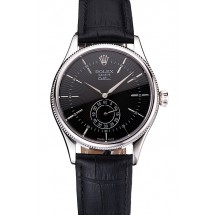 New Swiss Rolex Cellini Black Dial Stainless Steel Case Black Leather Strap