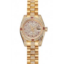 Replica AAA Swiss Rolex DayJust Red Diamond Pave Dial Gold Diamond Bracelet 1453959