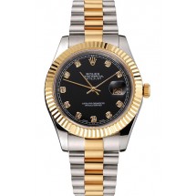 Replica Swiss Rolex Datejust Black Dial Stainless Steel Case Gold Bezel Two Tone Bracelet