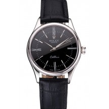 Swiss Rolex Cellini Black Dial Roman Numerals Stainless Steel Case Black Leather Strap