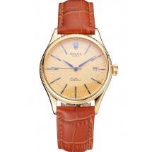 Swiss Rolex Cellini Date Gold Guilloche Dial Gold Case Light Brown Leather Strap