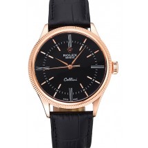 Swiss Rolex Cellini Time Rose Gold Case Black Dial Black Leather Bracelet 622656