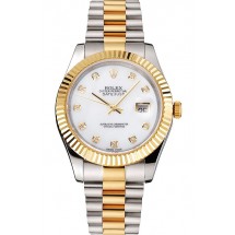 Swiss Rolex Datejust White Dial Diamond Hour Marks Gold Bezel Stainless Steel Case Two Tone Bracelet