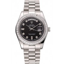 Swiss Rolex Day-Date Black Dial Diamond Case Diamond Numerals Stainless Steel Bracelet 1453966