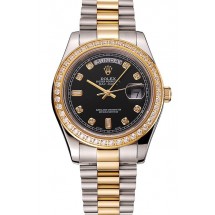 Swiss Rolex Day-Date Black Dial Gold Diamond Case Two Tone Stainless Steel Bracelet 1453976