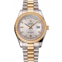 Swiss Rolex Day-Date White Dial Gold Diamond Case Two Tone Stainless Steel Bracelet 1453972