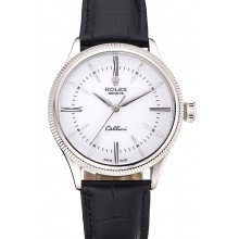 Cheap Swiss Rolex Cellini Time Silver Case White Dial Black Leather Bracelet 622653