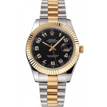 Fake Swiss Rolex Datejust Black Dial Gold Bezel Stainless Steel Case Two Tone Bracelet