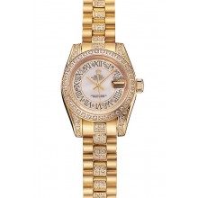 Imitation Swiss Rolex DayJust Diamond Pave White Dial Gold Diamond Bracelet 1453957