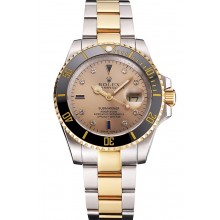 Imitation Swiss Rolex Submariner Gold Dial Diamond Markings Black Bezel Two Tone Steel Gold Bracelet