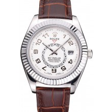 Rolex Sky Dweller White Dial Stainless Steel Case Brown Leather Strap