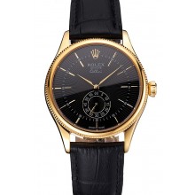 Swiss Rolex Cellini Black Dial Gold Case Black Leather Strap