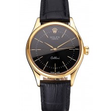 Swiss Rolex Cellini Black Dial Gold Markings Gold Case Black Leather Strap