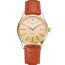 Swiss Rolex Cellini Date Gold Guilloche Dial Gold Case Light Brown Leather Strap