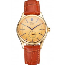 Swiss Rolex Cellini Gold Dial Blue Markings Gold Case Light Brown Leather Strap