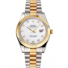 Swiss Rolex Datejust White Dial Diamond Hour Marks Gold Bezel Stainless Steel Case Two Tone Bracelet